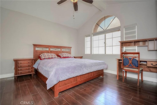 bedroom featuring ceiling fan and lofted ceiling with beams