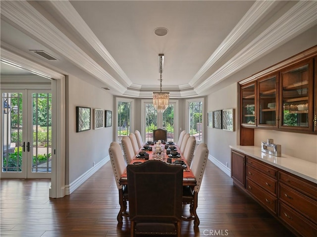 dining room featuring french doors, a raised ceiling, a wealth of natural light, and dark hardwood / wood-style flooring