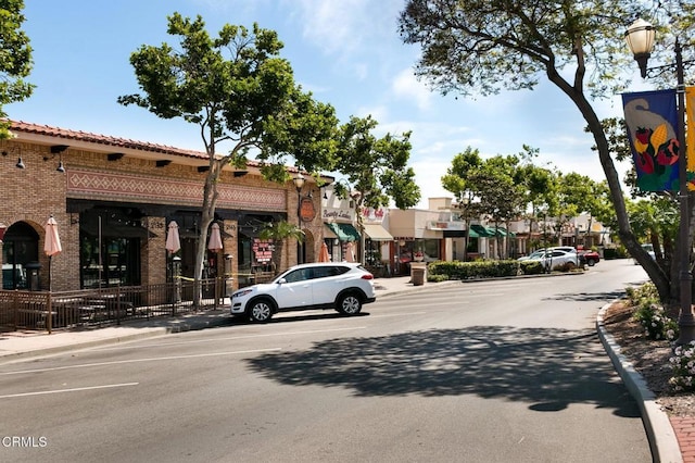 view of road featuring street lighting, curbs, and sidewalks
