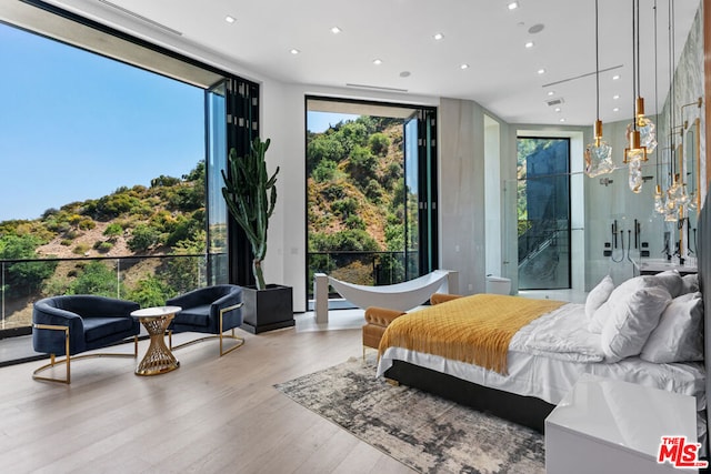 bedroom with light hardwood / wood-style floors and expansive windows