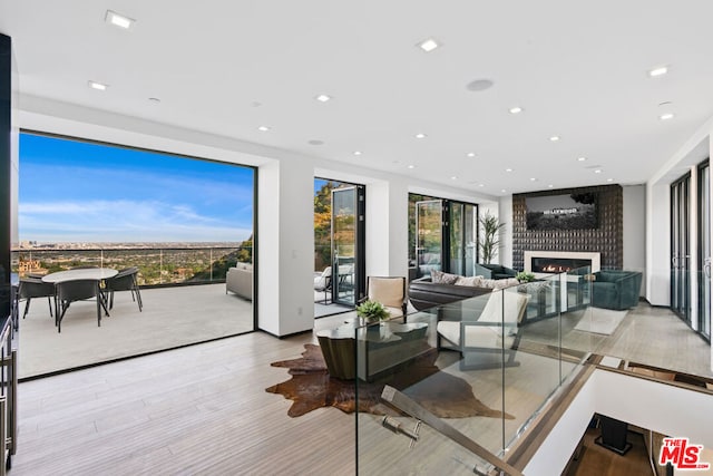 interior space featuring light wood-type flooring and a fireplace