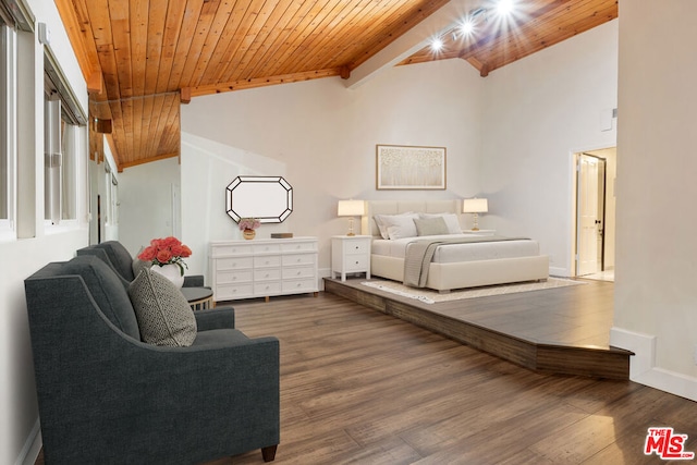 bedroom with dark hardwood / wood-style floors, lofted ceiling with beams, and wood ceiling