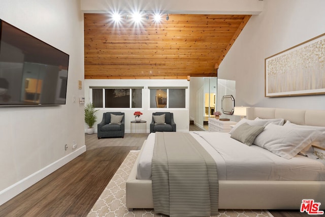 bedroom with wood ceiling, beam ceiling, hardwood / wood-style flooring, and high vaulted ceiling