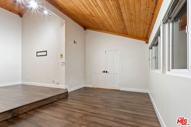 empty room featuring lofted ceiling, dark hardwood / wood-style floors, and wooden ceiling