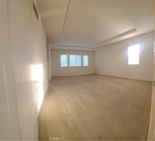 empty room with a raised ceiling and carpet flooring