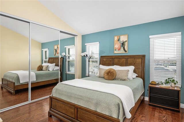 bedroom with dark wood-type flooring, multiple windows, a closet, and vaulted ceiling