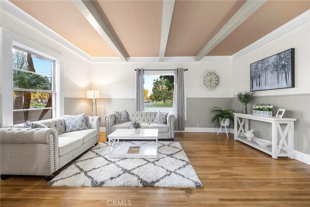 living room with a wealth of natural light, hardwood / wood-style flooring, and beamed ceiling