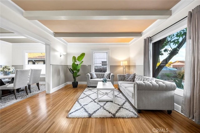 living room featuring a healthy amount of sunlight, hardwood / wood-style flooring, and beamed ceiling