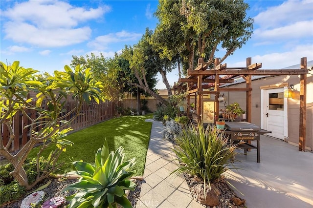 view of yard with a pergola and a patio