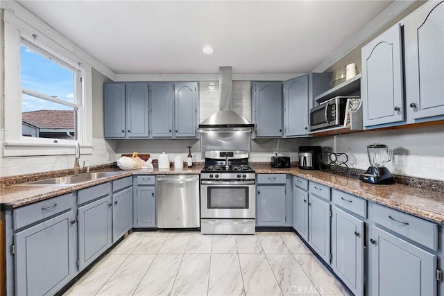 kitchen featuring wall chimney exhaust hood, sink, and stainless steel appliances