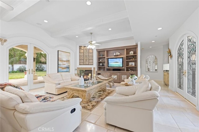 living room with beam ceiling, french doors, light tile patterned flooring, and ceiling fan