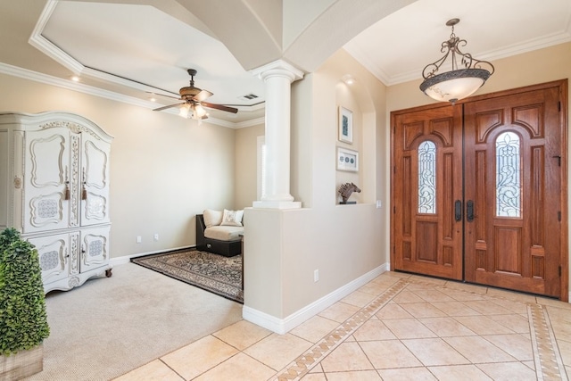 19490 Calle Juanito, Murrieta, CA 92562 - entrance foyer featuring decorative columns, ceiling fan, baseboards, arched walkways, and crown molding