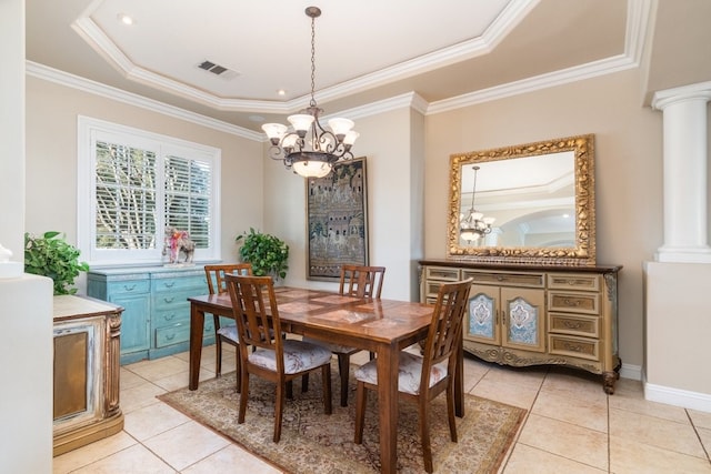 19490 Calle Juanito, Murrieta, CA 92562 - dining room with a chandelier, light tile patterned floors, crown molding, decorative columns, and a tray ceiling