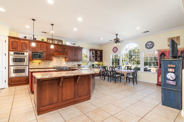 19490 Calle Juanito, Murrieta, CA 92562 - kitchen featuring appliances with stainless steel finishes, a ceiling fan, light tile patterned flooring, ornamental molding, and decorative backsplash