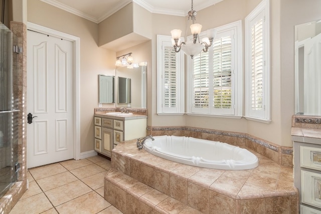 19490 Calle Juanito, Murrieta, CA 92562 - full bath with a chandelier, vanity, a bath, ornamental molding, and tile patterned flooring