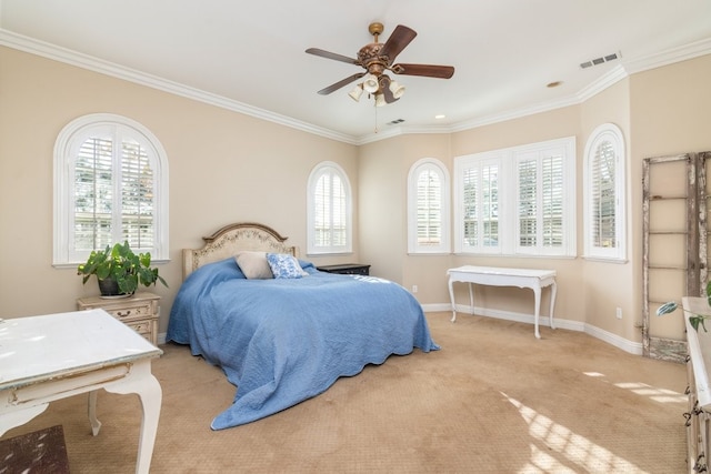 19490 Calle Juanito, Murrieta, CA 92562 - bedroom with crown molding, light carpet, baseboards, and a ceiling fan