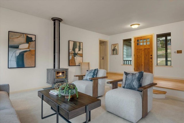 living room with a wood stove