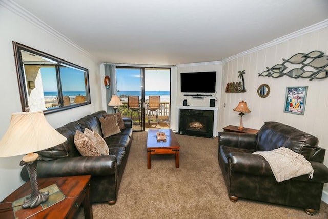 carpeted living room with ornamental molding