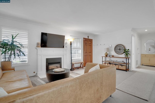 living room featuring light colored carpet and ornamental molding