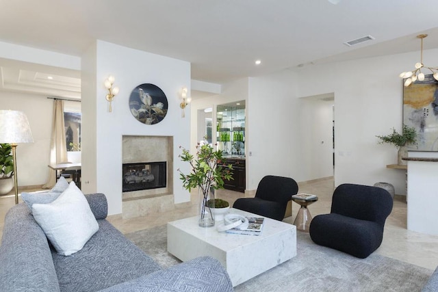 living room with a premium fireplace