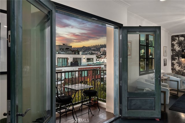 view of balcony at dusk