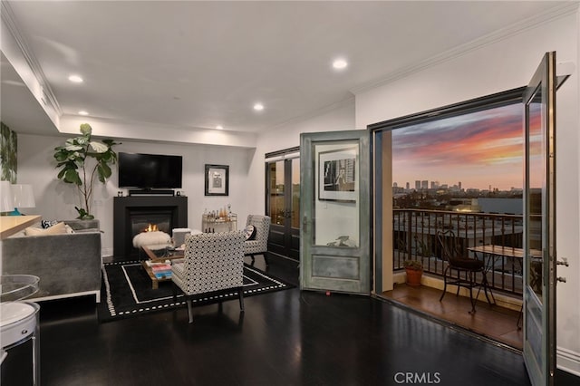 kitchen with crown molding and hardwood / wood-style flooring