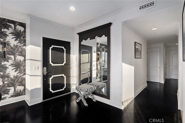 hallway with ornamental molding and dark wood-type flooring