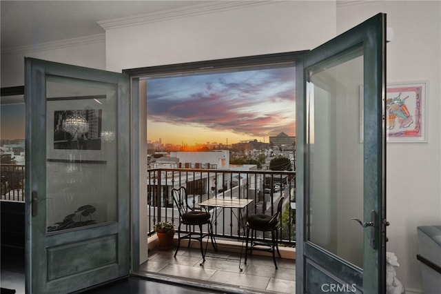 view of balcony at dusk