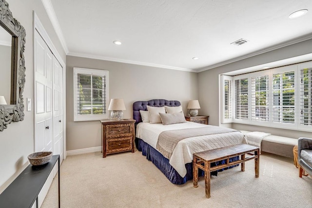 bedroom featuring visible vents, crown molding, light carpet, and multiple windows