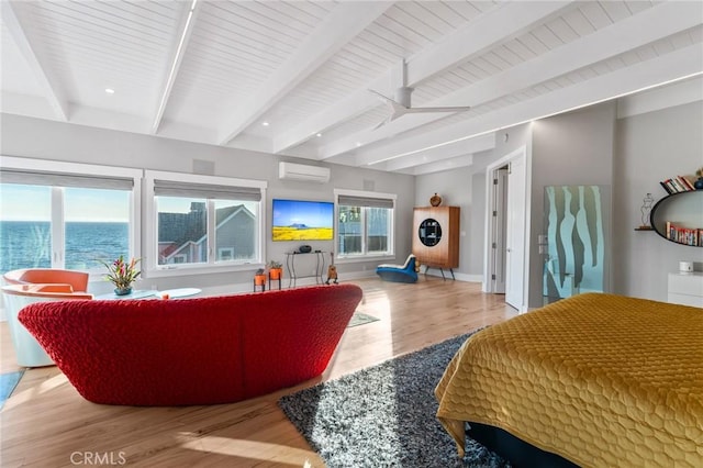 bedroom featuring recessed lighting, an AC wall unit, wood finished floors, beamed ceiling, and baseboards