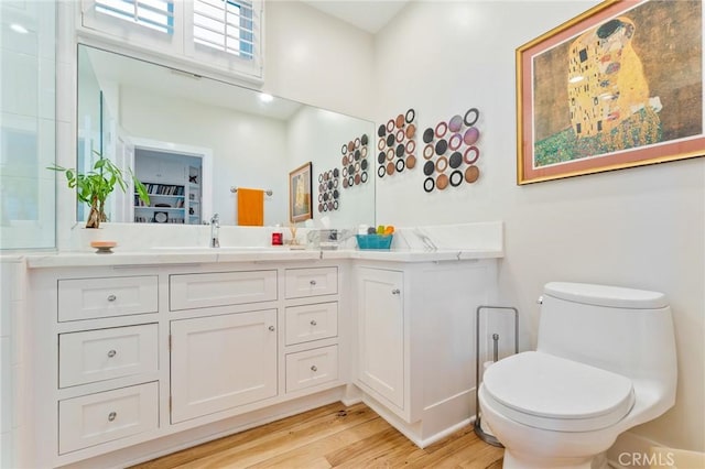 bathroom featuring vanity, toilet, and wood finished floors