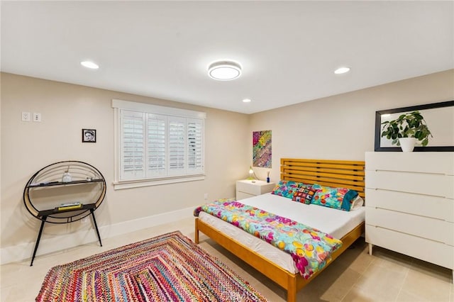 bedroom with recessed lighting, baseboards, and light tile patterned floors