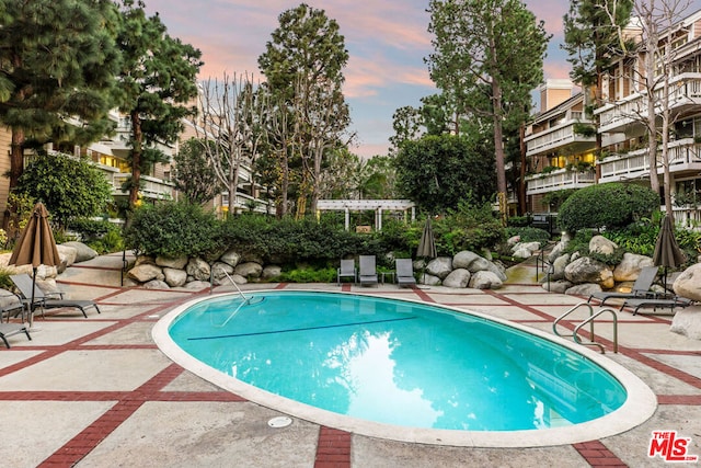 pool at dusk with a pergola