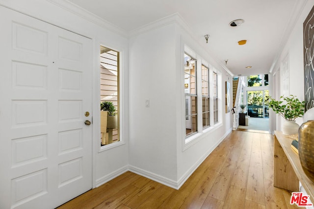 entrance foyer with light hardwood / wood-style flooring and crown molding