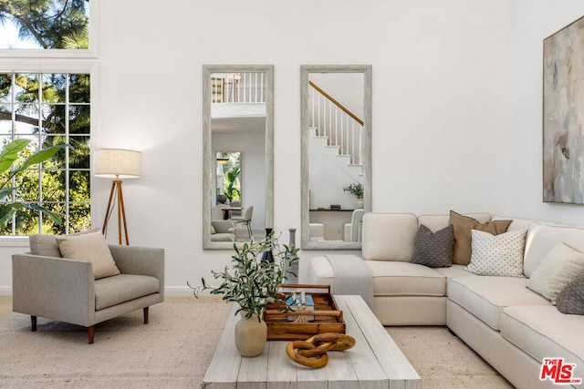 living room featuring a towering ceiling