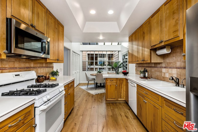 kitchen featuring a raised ceiling, sink, tasteful backsplash, light hardwood / wood-style floors, and stainless steel appliances