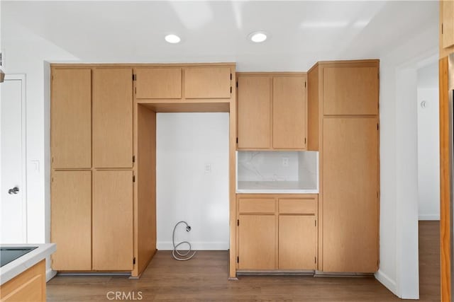 kitchen with light brown cabinets, tasteful backsplash, and light wood-type flooring