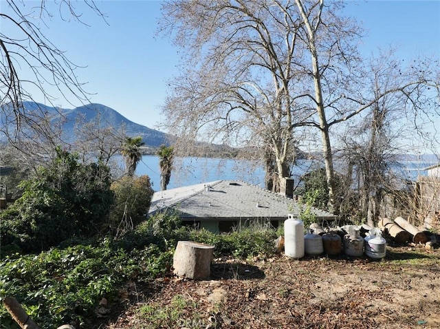 view of yard featuring a water and mountain view