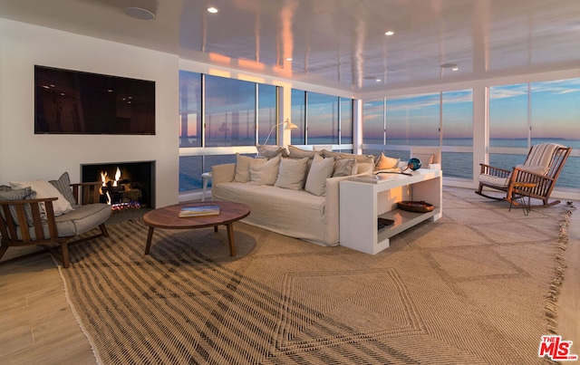 living room featuring a wall of windows, light hardwood / wood-style floors, and a water view