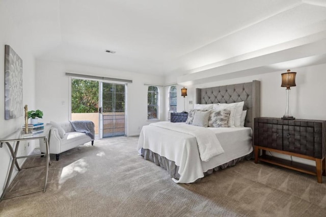 bedroom with carpet floors, a tray ceiling, and access to outside