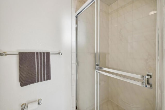 bathroom with a shower with shower door