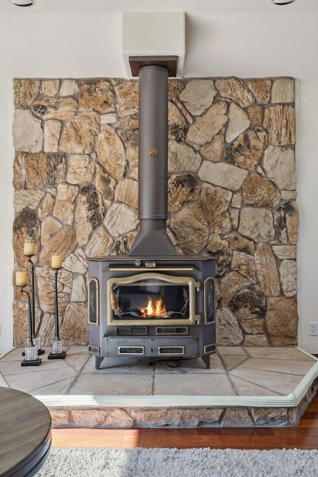 room details featuring a wood stove