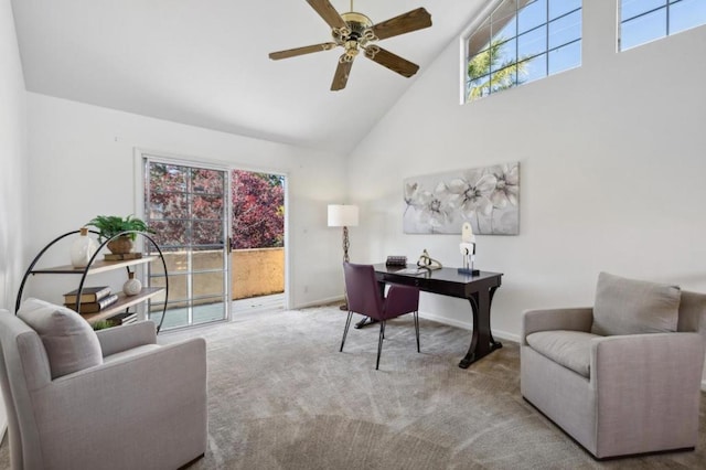 office with light colored carpet, high vaulted ceiling, and ceiling fan