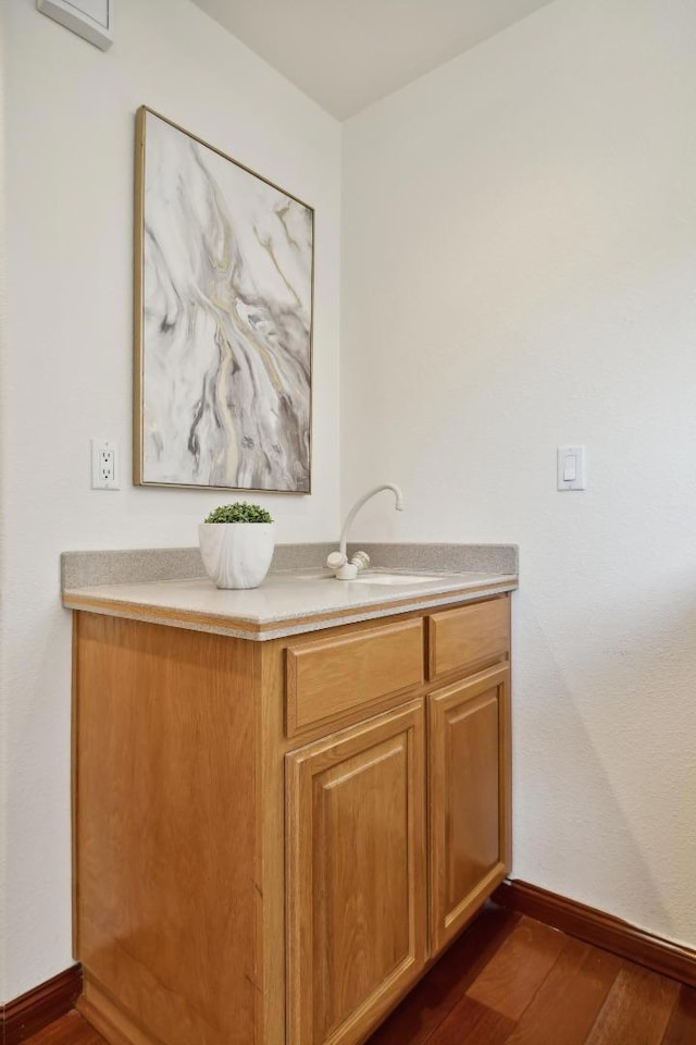 bathroom with hardwood / wood-style flooring and vanity