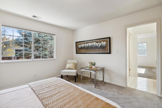 bedroom with light colored carpet