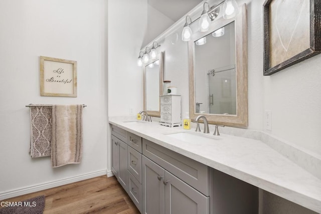 bathroom featuring a shower with shower door, vanity, and wood-type flooring