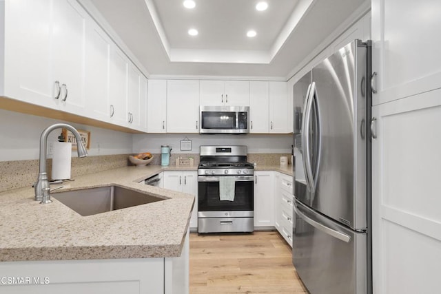 kitchen with white cabinetry, appliances with stainless steel finishes, a tray ceiling, light stone countertops, and sink