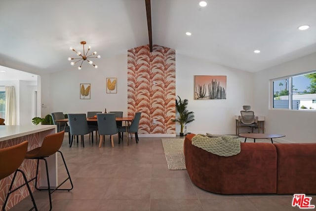 living room with vaulted ceiling with beams and a chandelier