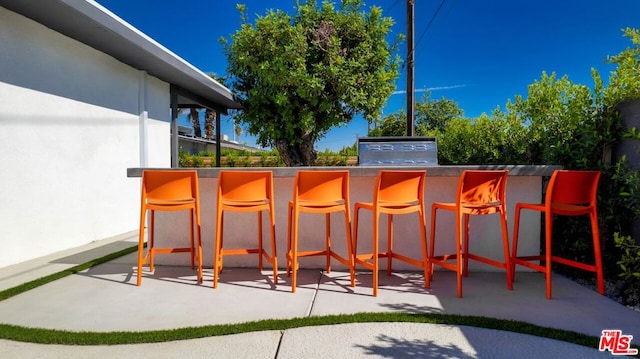 view of patio featuring an outdoor kitchen and exterior bar