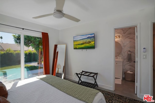 bedroom featuring ceiling fan, connected bathroom, and access to outside